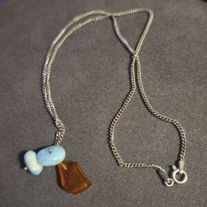 Sterling Silver Larimar & Raw Amber Pendant Necklace, Italian 925 Chain